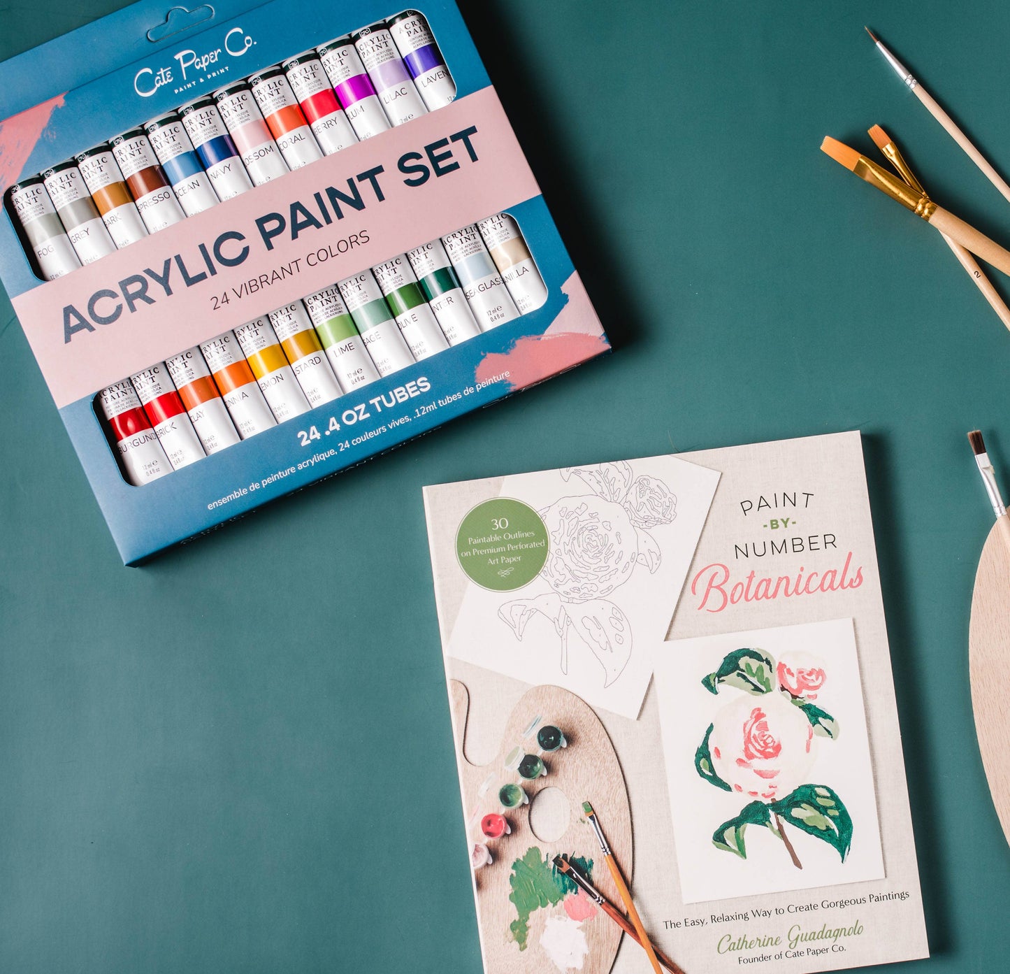 Cate Paper Co. PAQUETE - LIBRO DE BOTÁNICOS PARA PINTAR POR NÚMEROS Y SET DE 24 PINTURAS ACRÍLICAS EN TUBO