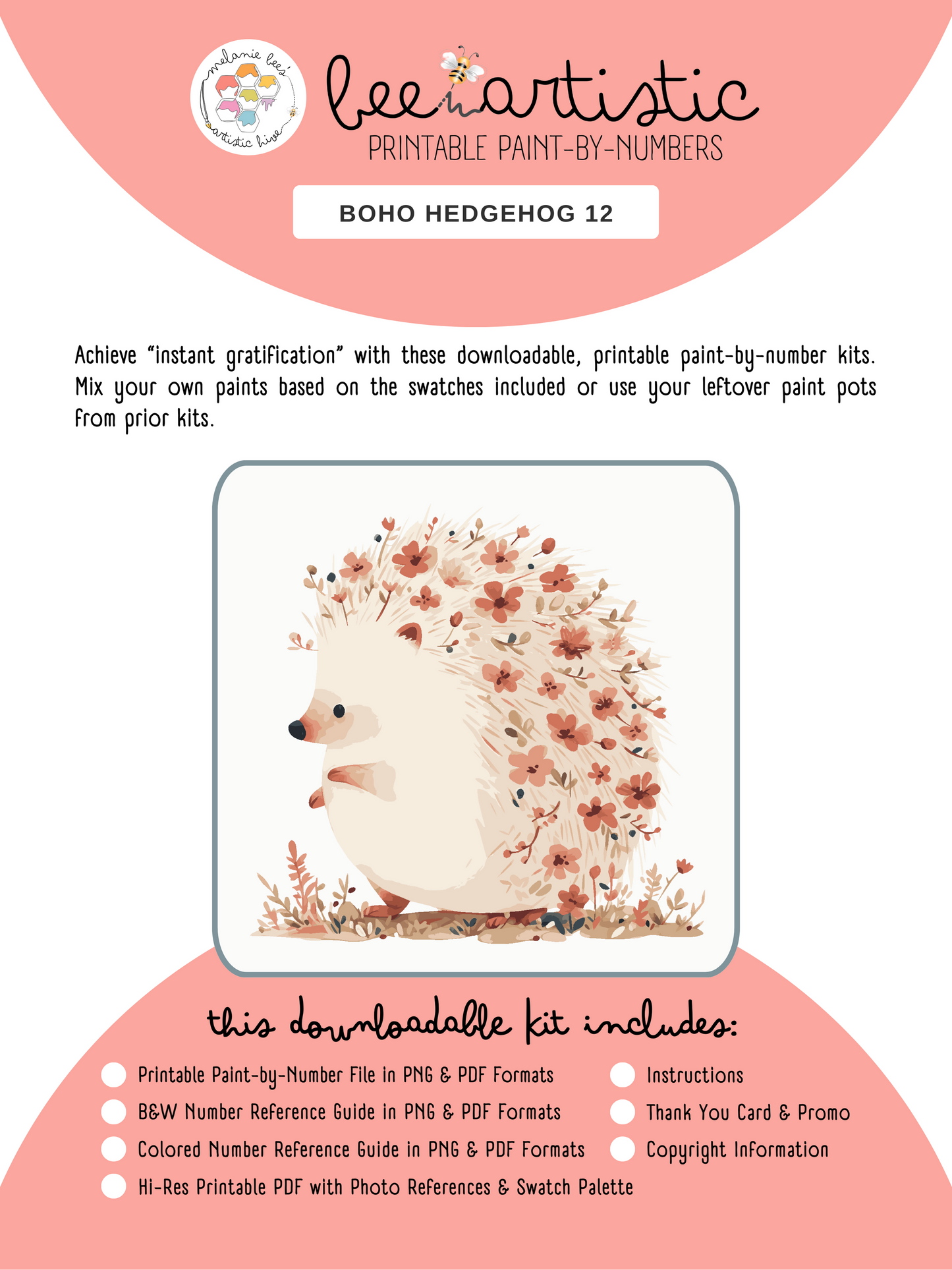 Kit de pintura por números imprimible "ABEJA ARTÍSTICA" - ERIZO BOHO 12