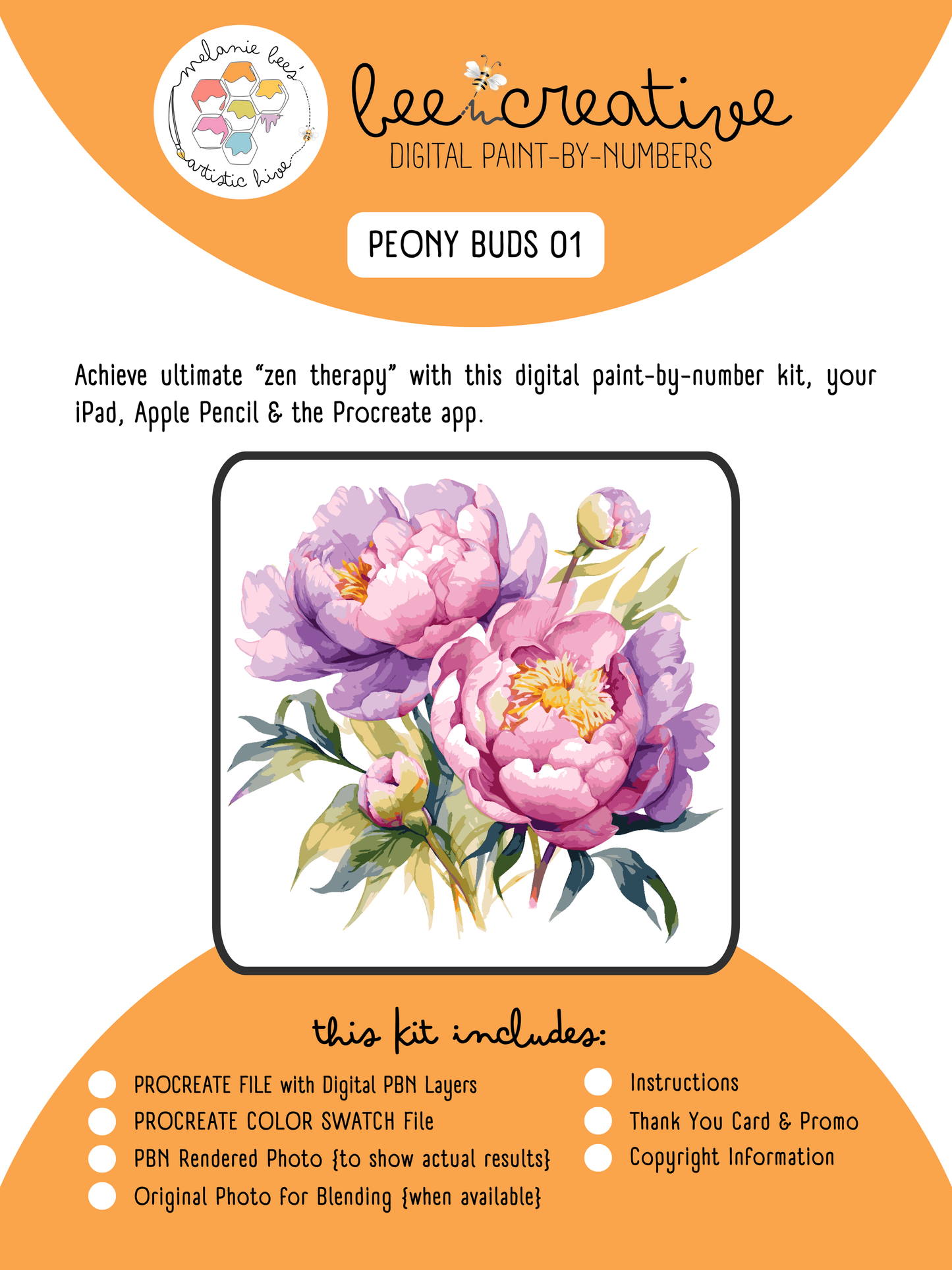 BEE CREATIVE Digital Paint by Number Kit {for Procreate} - PEONY BUD 01