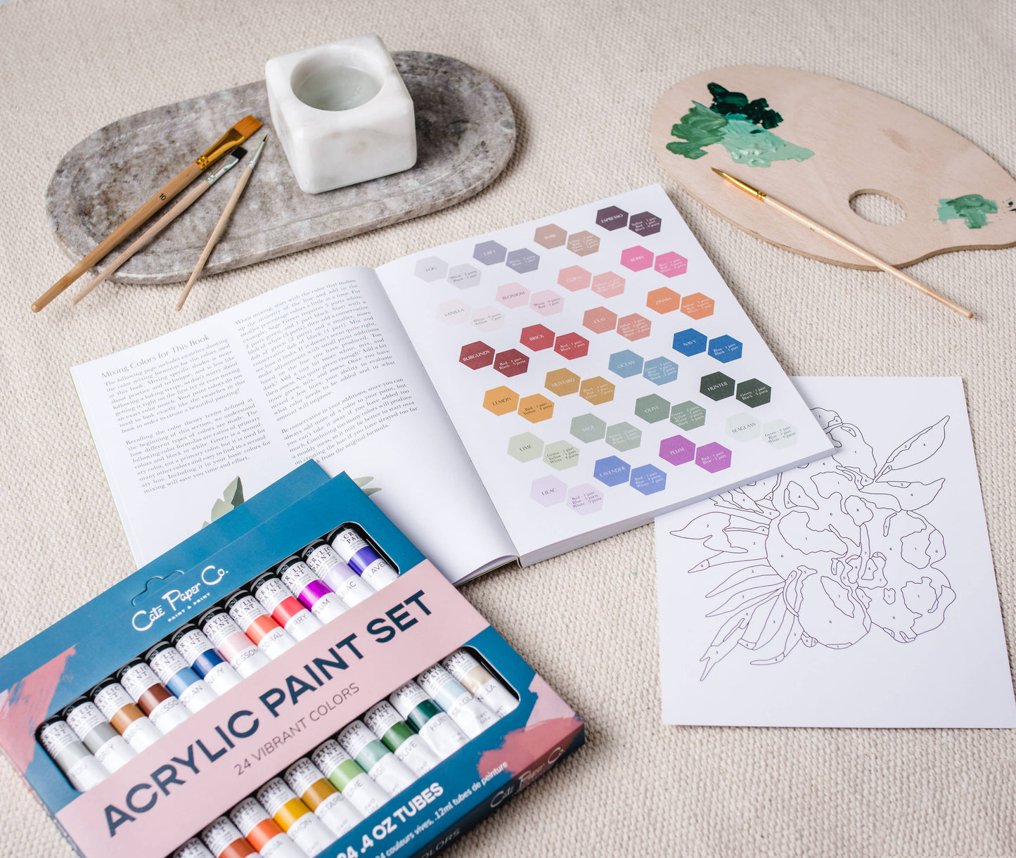 Cate Paper Co. PAQUETE - LIBRO DE BOTÁNICOS PARA PINTAR POR NÚMEROS Y SET DE 24 PINTURAS ACRÍLICAS EN TUBO