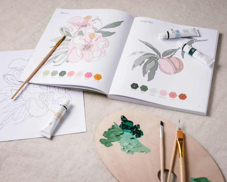 Cate Paper Co. PAQUETE - LIBRO DE BOTÁNICOS PARA PINTAR POR NÚMEROS Y SET DE 24 PINTURAS ACRÍLICAS EN TUBO