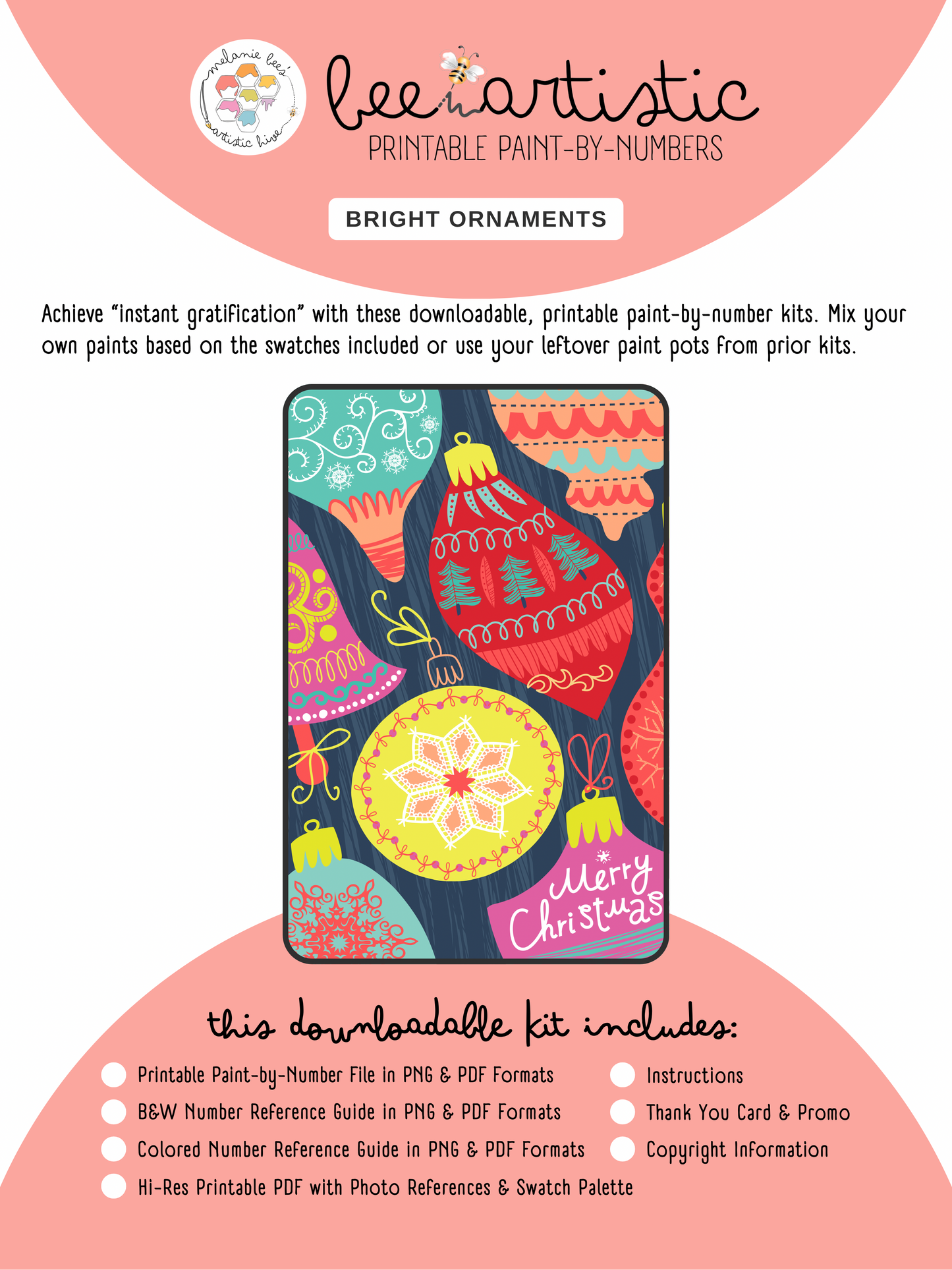 BEE ARTISTIC Printable Paint by Number Kit - BRIGHT ORNAMENTS