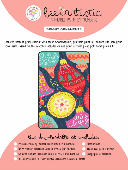 BEE ARTISTIC Printable Paint by Number Kit - BRIGHT ORNAMENTS