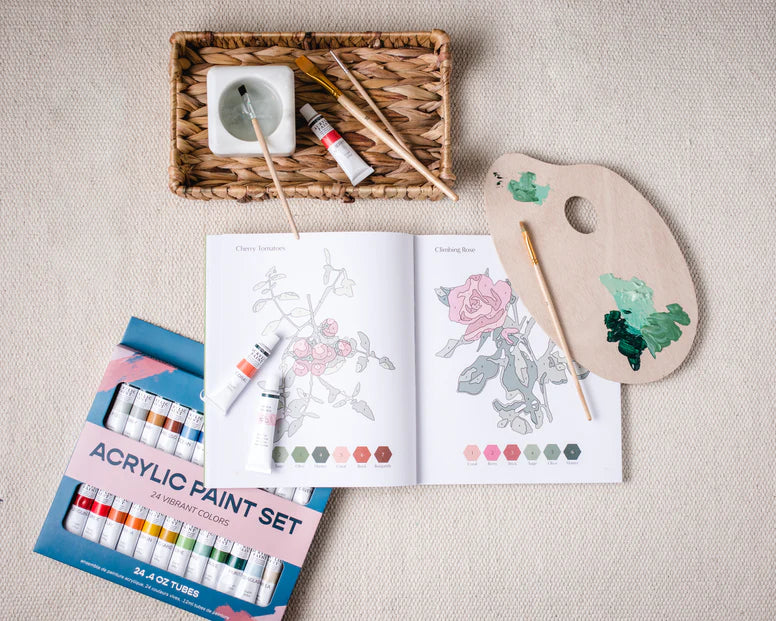 Cate Paper Co. PAQUETE - LIBRO DE BOTÁNICOS PARA PINTAR POR NÚMEROS Y SET DE 24 PINTURAS ACRÍLICAS EN TUBO