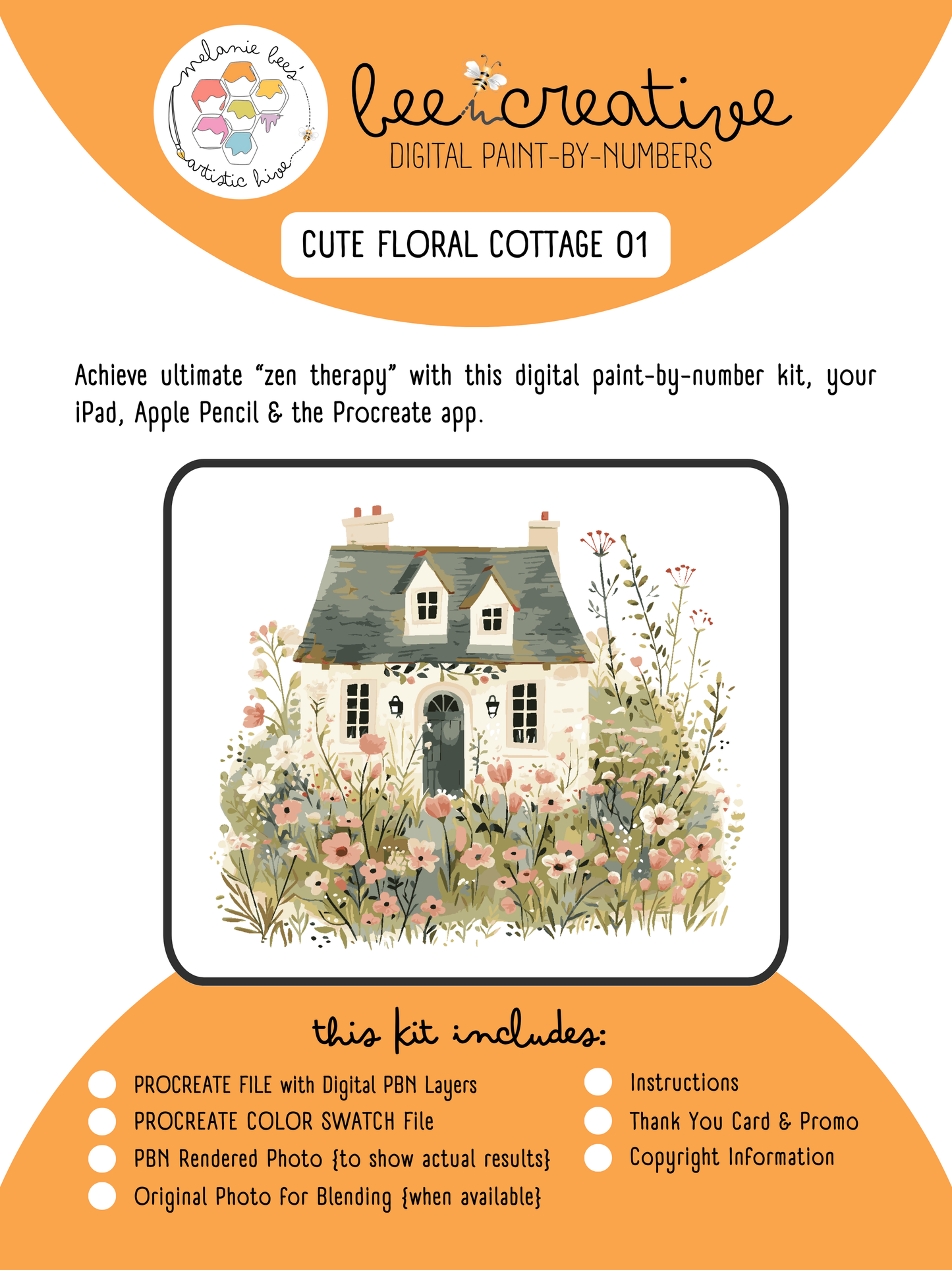 BEE CREATIVE Digital Paint by Number Kit {for Procreate} - CUTE FLORAL COTTAGE 01