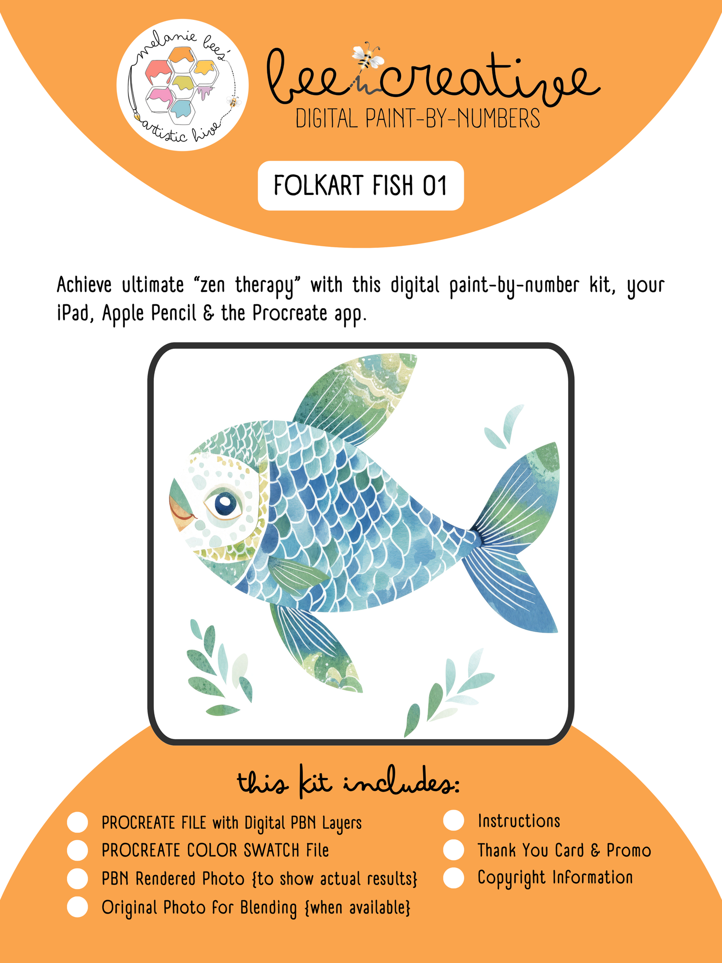 BEE CREATIVE Digital Paint by Number Kit {for Procreate} - FOLK ART FISH 01
