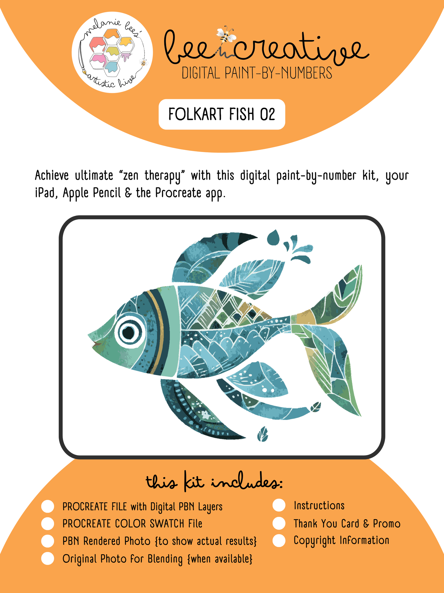 BEE CREATIVE Digital Paint by Number Kit {for Procreate} - FOLK ART FISH 02