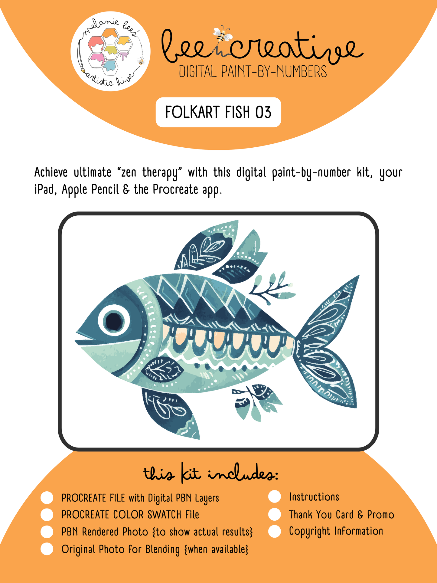 BEE CREATIVE Digital Paint by Number Kit {for Procreate} - FOLK ART FISH 03