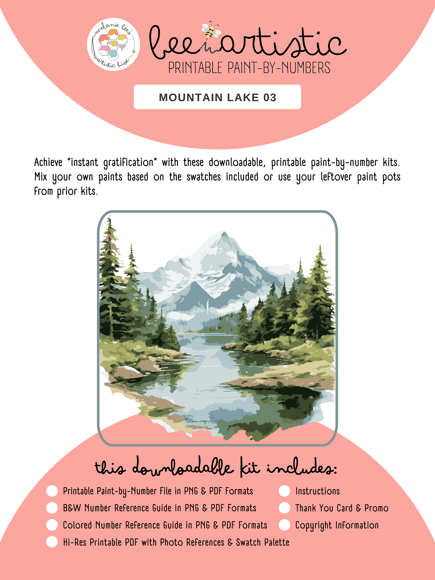 Kit de pintura por números imprimible "ABEJA ARTÍSTICA" - LAGO DE MONTAÑA 03