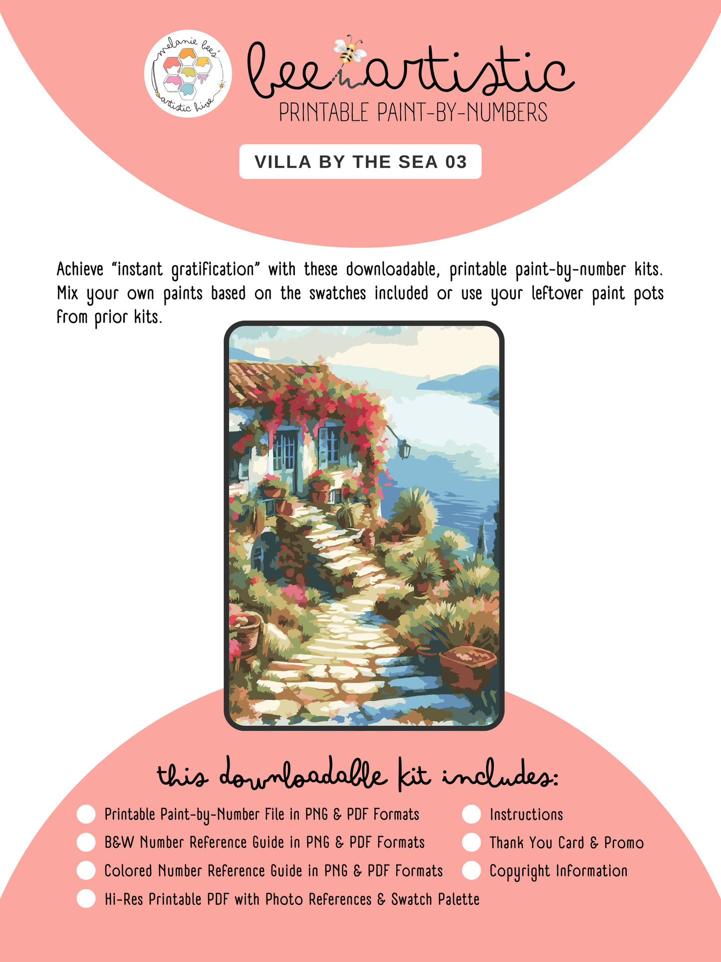 Kit de pintura por números imprimible "ABEJA ARTÍSTICA" - VILLA JUNTO AL MAR 03