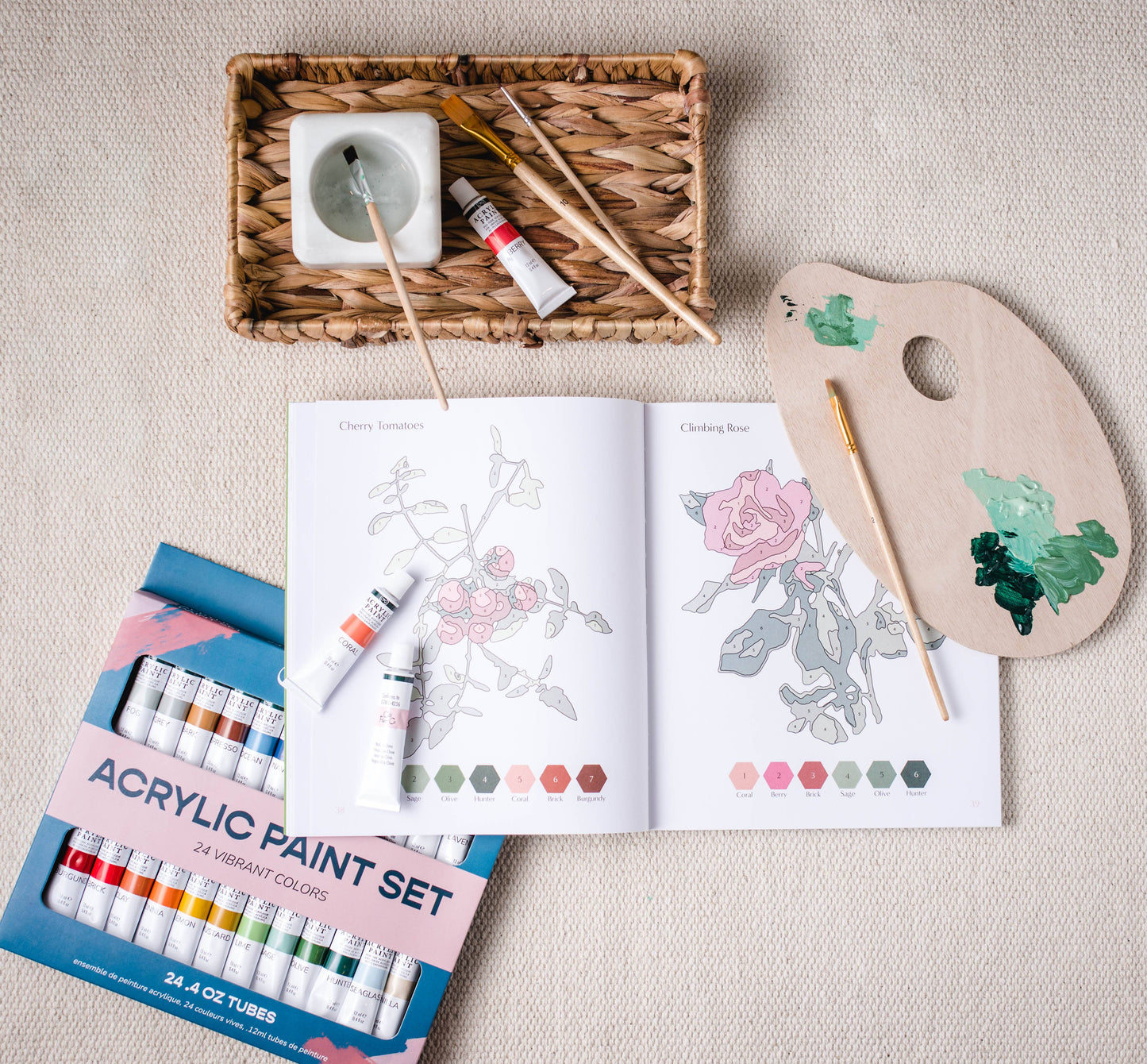 Cate Paper Co. PAQUETE - LIBRO DE BOTÁNICOS PARA PINTAR POR NÚMEROS Y SET DE 24 PINTURAS ACRÍLICAS EN TUBO