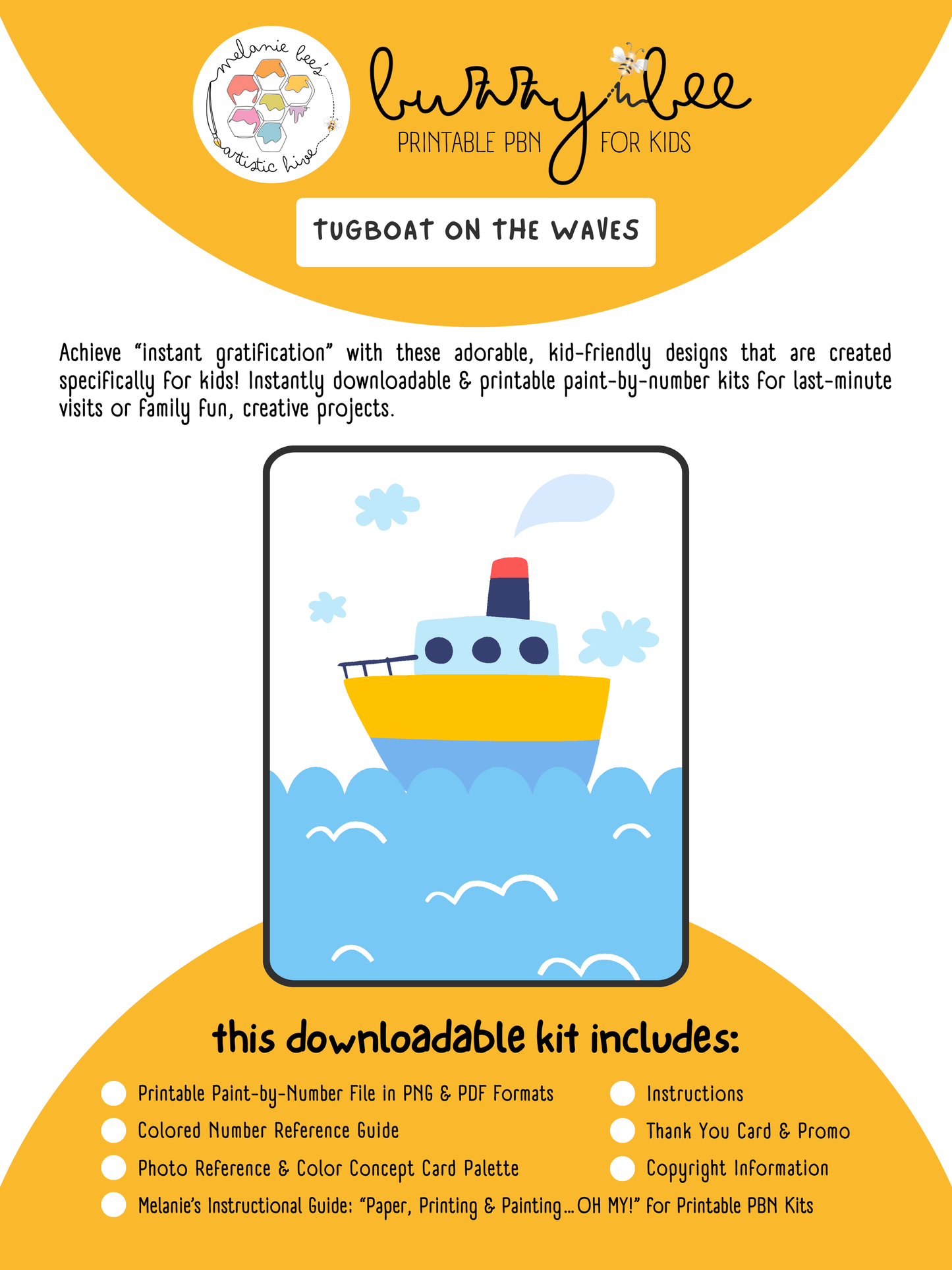 Kit de pintura por números imprimible para niños de Buzzy Bee: Remolcador sobre las olas