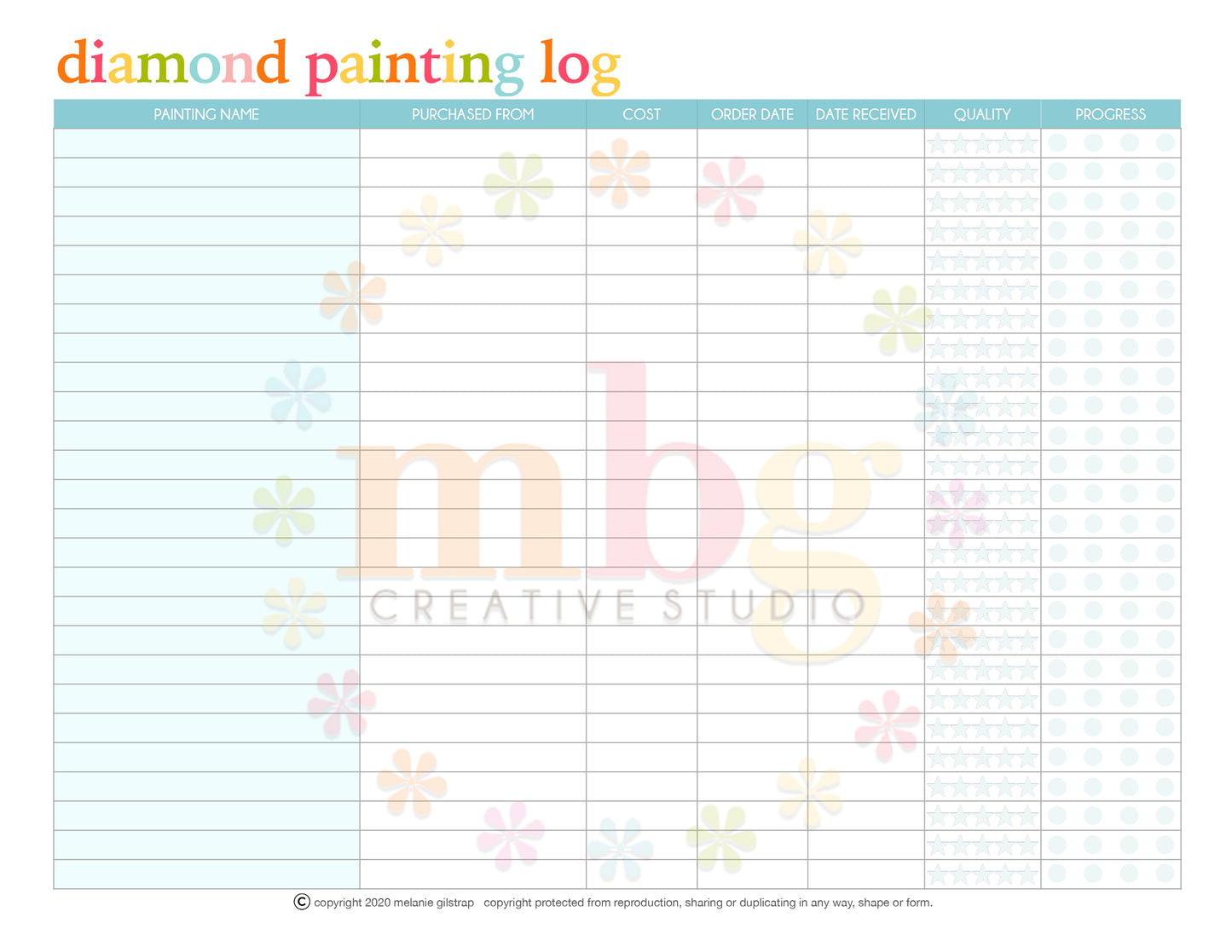 MB's Digital Downloadable & Printable Guide for DPK: DIAMOND PAINTING KIT LOG