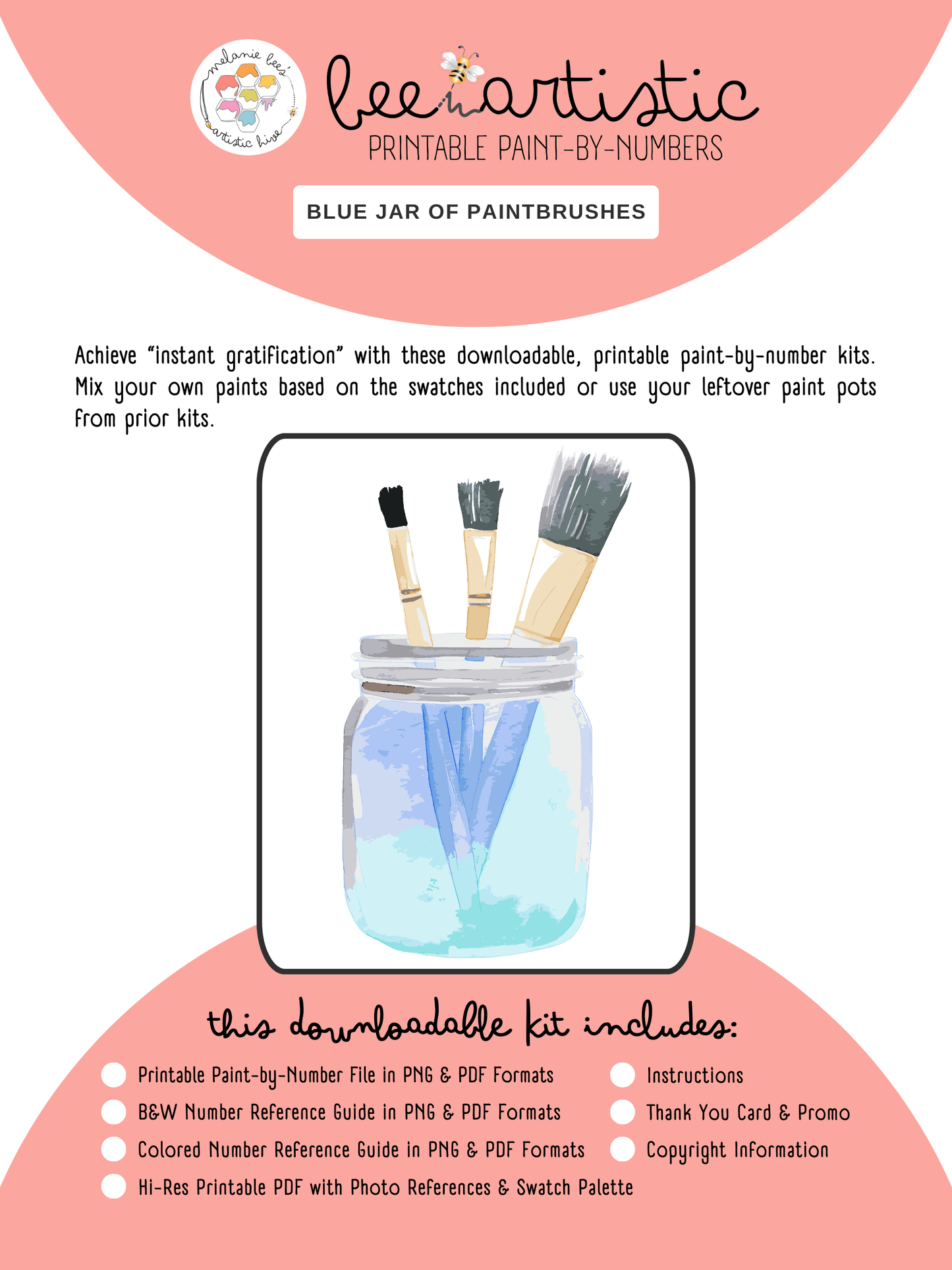 FREE-BEE - BEE ARTISTIC Printable Paint by Number Kit - BLUE PAINTBRUSH JAR