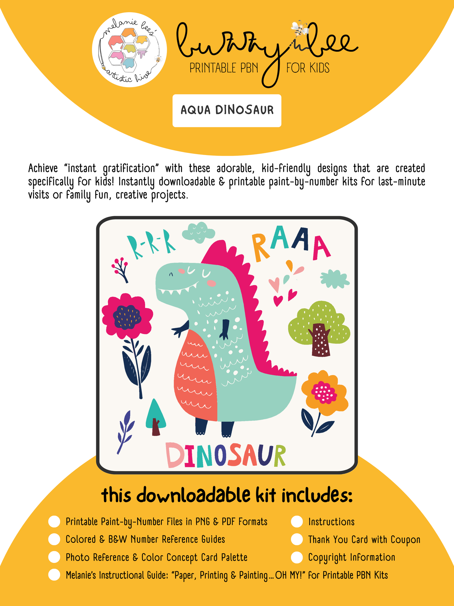 BUZZY BEE KIDS Printable Paint by Number Kit - AQUA DINOSAUR