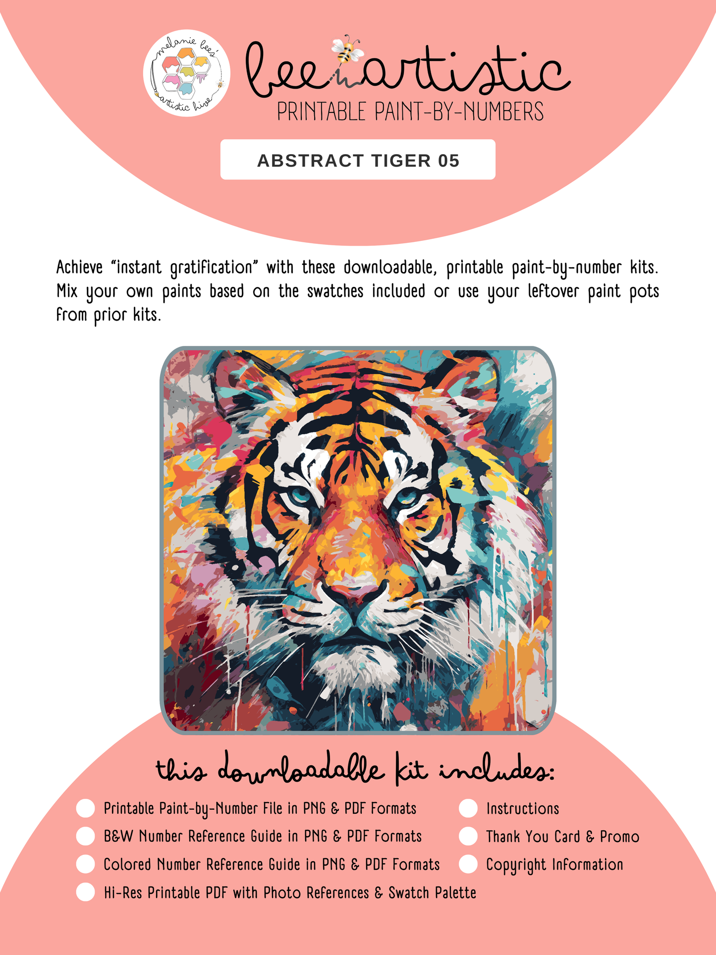 BEE ARTISTIC Printable Paint by Number Kit - ABSTRACT TIGER 05