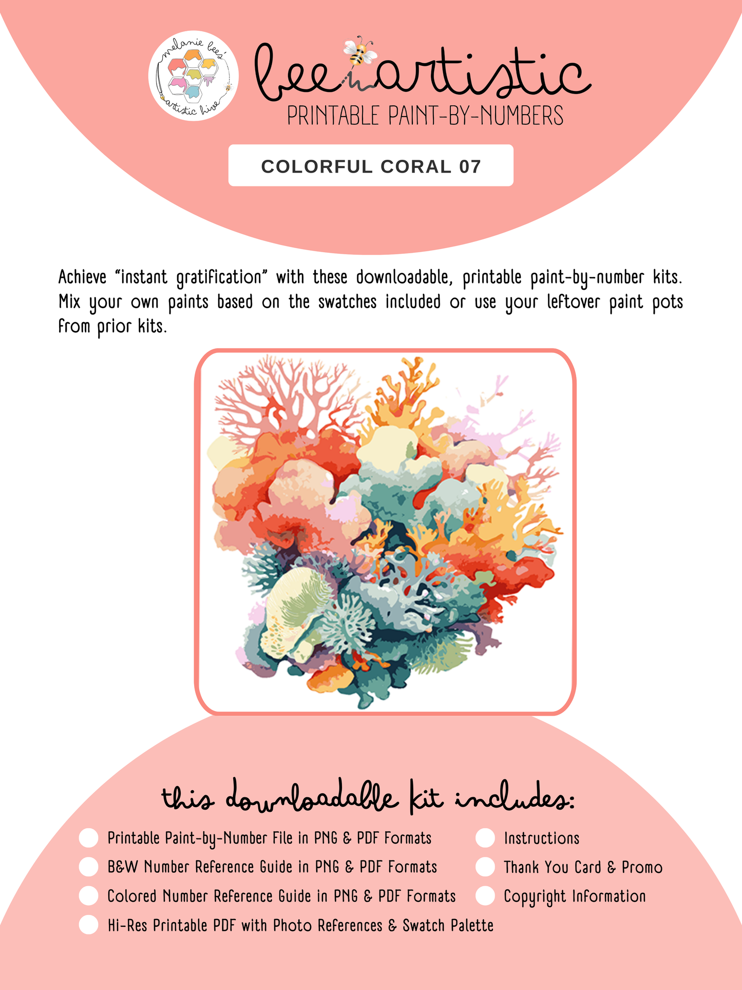 BEE ARTISTIC Printable Paint by Number Kit - COLORFUL CORAL 07