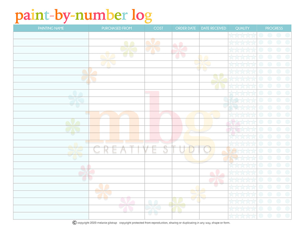 MB's Digital Downloadable & Printable Guide for PBN: PAINT BY NUMBER KIT LOG